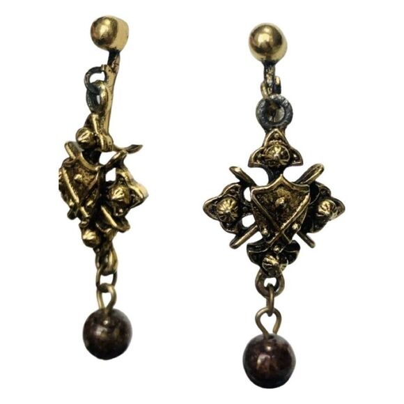 Vintage Gold Tone Brown Beaded Crest Clip On Drop Women’s Fancy Earrings - Picture 5 of 7